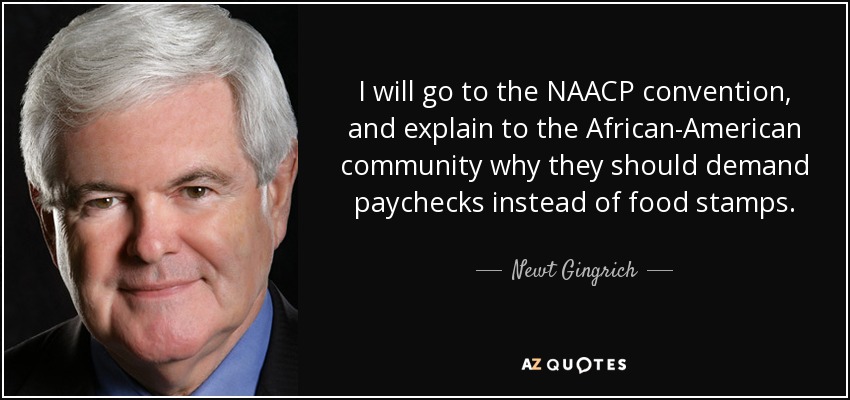 I will go to the NAACP convention, and explain to the African-American community why they should demand paychecks instead of food stamps. - Newt Gingrich