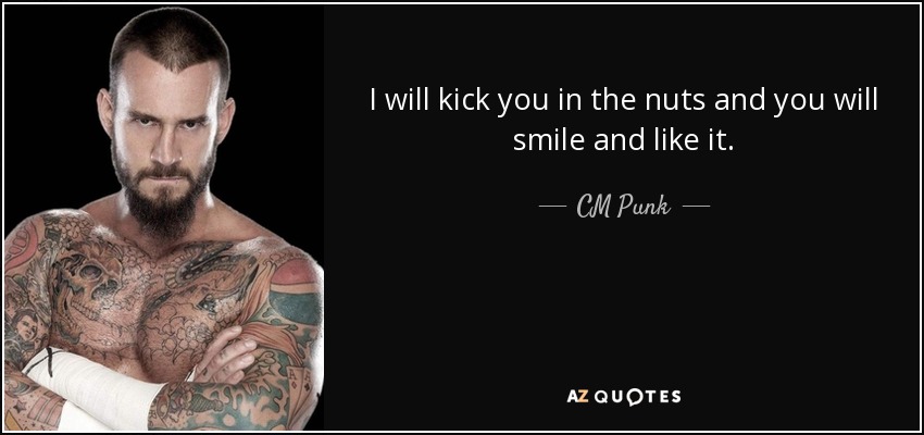 I will kick you in the nuts and you will smile and like it. - CM Punk