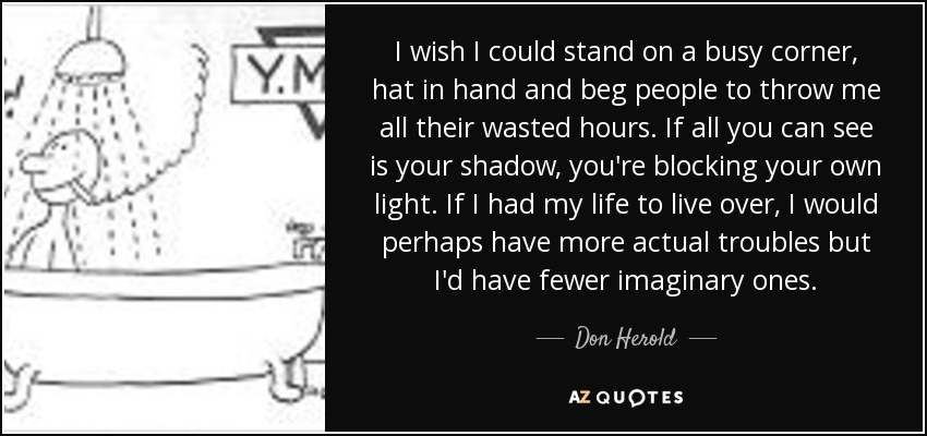 I wish I could stand on a busy corner, hat in hand and beg people to throw me all their wasted hours. If all you can see is your shadow, you're blocking your own light. If I had my life to live over, I would perhaps have more actual troubles but I'd have fewer imaginary ones. - Don Herold
