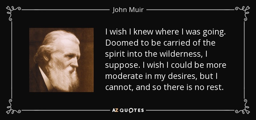 I wish I knew where I was going. Doomed to be carried of the spirit into the wilderness, I suppose. I wish I could be more moderate in my desires, but I cannot, and so there is no rest. - John Muir