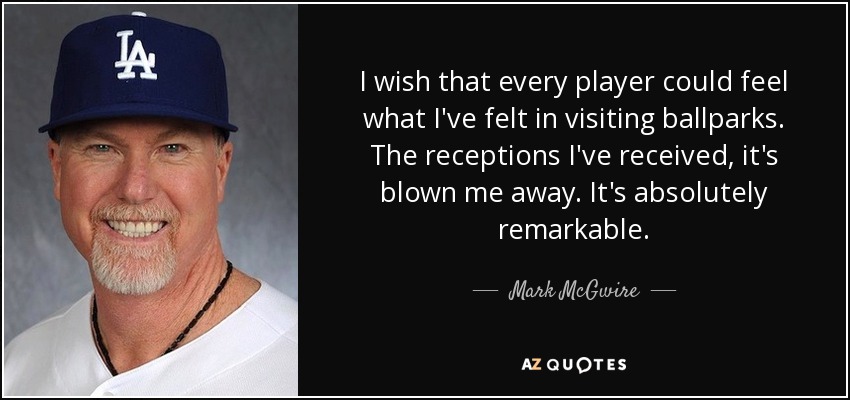 I wish that every player could feel what I've felt in visiting ballparks. The receptions I've received, it's blown me away. It's absolutely remarkable. - Mark McGwire