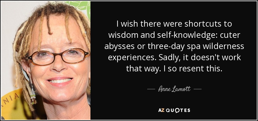 I wish there were shortcuts to wisdom and self-knowledge: cuter abysses or three-day spa wilderness experiences. Sadly, it doesn't work that way. I so resent this. - Anne Lamott
