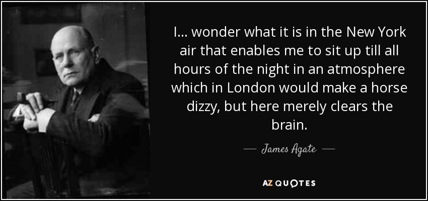 I... wonder what it is in the New York air that enables me to sit up till all hours of the night in an atmosphere which in London would make a horse dizzy, but here merely clears the brain. - James Agate