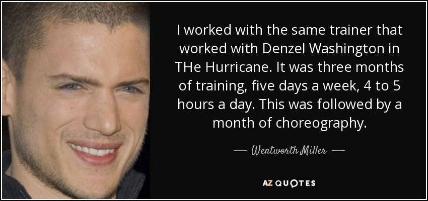 I worked with the same trainer that worked with Denzel Washington in THe Hurricane. It was three months of training, five days a week, 4 to 5 hours a day. This was followed by a month of choreography. - Wentworth Miller
