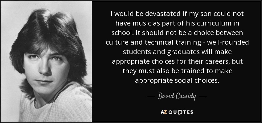 I would be devastated if my son could not have music as part of his curriculum in school. It should not be a choice between culture and technical training - well-rounded students and graduates will make appropriate choices for their careers, but they must also be trained to make appropriate social choices. - David Cassidy