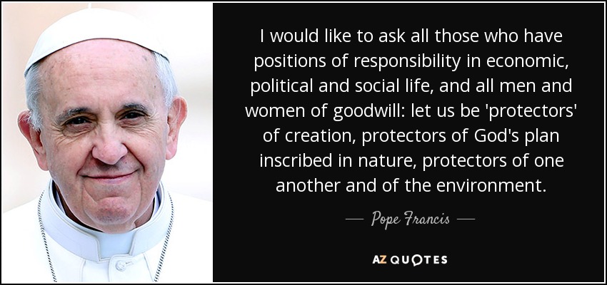 I would like to ask all those who have positions of responsibility in economic, political and social life, and all men and women of goodwill: let us be 'protectors' of creation, protectors of God's plan inscribed in nature, protectors of one another and of the environment. - Pope Francis