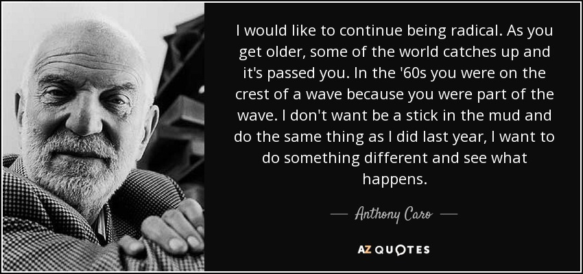 I would like to continue being radical. As you get older, some of the world catches up and it's passed you. In the '60s you were on the crest of a wave because you were part of the wave. I don't want be a stick in the mud and do the same thing as I did last year, I want to do something different and see what happens. - Anthony Caro