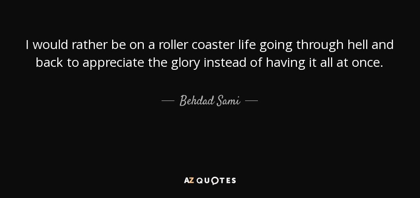 I would rather be on a roller coaster life going through hell and back to appreciate the glory instead of having it all at once. - Behdad Sami