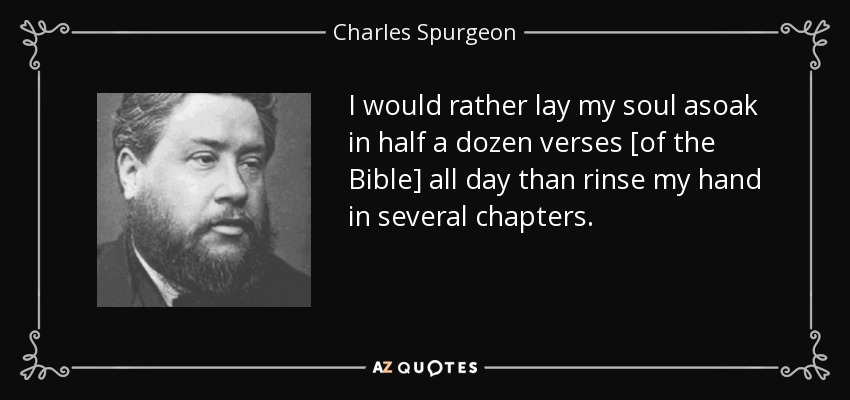 I would rather lay my soul asoak in half a dozen verses [of the Bible] all day than rinse my hand in several chapters. - Charles Spurgeon