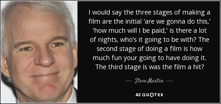 I would say the three stages of making a film are the initial 'are we gonna do this,' 'how much will I be paid,' is there a lot of nights, who's it going to be with? The second stage of doing a film is how much fun your going to have doing it. The third stage is was the film a hit? - Steve Martin