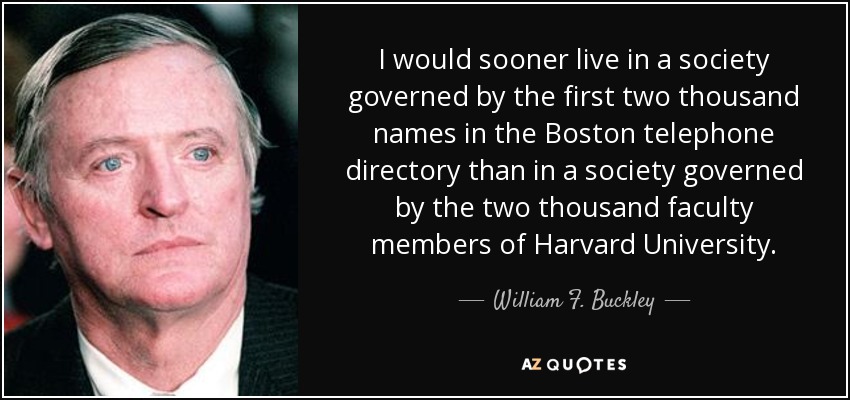 I would sooner live in a society governed by the first two thousand names in the Boston telephone directory than in a society governed by the two thousand faculty members of Harvard University. - William F. Buckley, Jr.