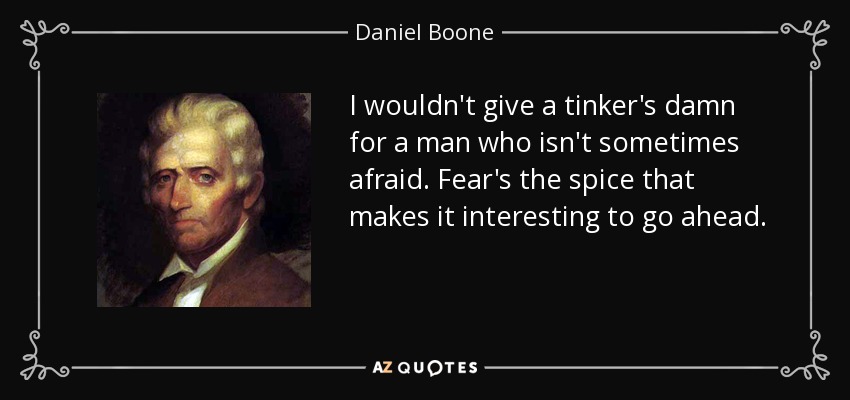 I wouldn't give a tinker's damn for a man who isn't sometimes afraid. Fear's the spice that makes it interesting to go ahead. - Daniel Boone