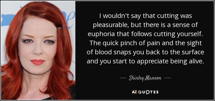 I wouldn't say that cutting was pleasurable, but there is a sense of euphoria that follows cutting yourself. The quick pinch of pain and the sight of blood snaps you back to the surface and you start to appreciate being alive. - Shirley Manson