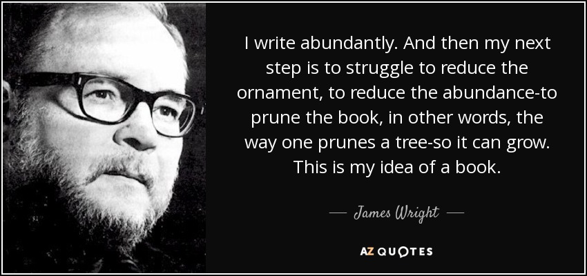 I write abundantly. And then my next step is to struggle to reduce the ornament, to reduce the abundance-to prune the book, in other words, the way one prunes a tree-so it can grow. This is my idea of a book. - James Wright