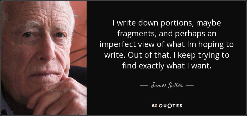 I write down portions, maybe fragments, and perhaps an imperfect view of what Im hoping to write. Out of that, I keep trying to find exactly what I want. - James Salter