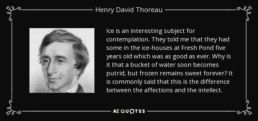 Ice is an interesting subject for contemplation. They told me that they had some in the ice-houses at Fresh Pond five years old which was as good as ever. Why is it that a bucket of water soon becomes putrid, but frozen remains sweet forever? It is commonly said that this is the difference between the affections and the intellect. - Henry David Thoreau