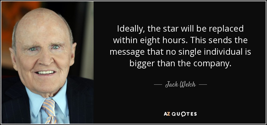 Ideally, the star will be replaced within eight hours. This sends the message that no single individual is bigger than the company. - Jack Welch
