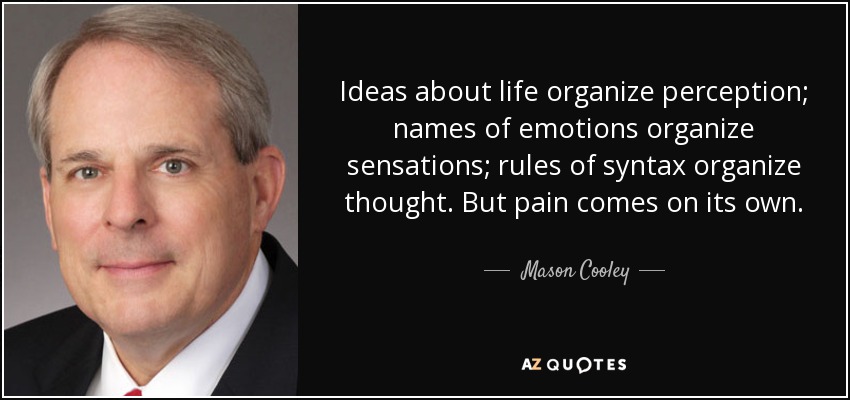 Ideas about life organize perception; names of emotions organize sensations; rules of syntax organize thought. But pain comes on its own. - Mason Cooley