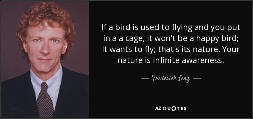 If a bird is used to flying and you put in a a cage, it won't be a happy bird; It wants to fly; that's its nature. Your nature is infinite awareness. - Frederick Lenz