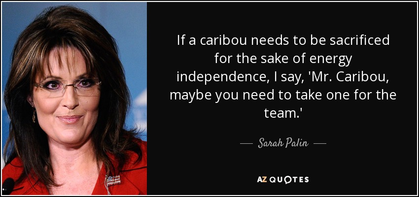 If a caribou needs to be sacrificed for the sake of energy independence, I say, 'Mr. Caribou, maybe you need to take one for the team.' - Sarah Palin