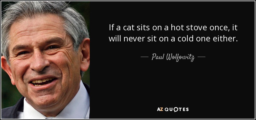 If a cat sits on a hot stove once, it will never sit on a cold one either. - Paul Wolfowitz