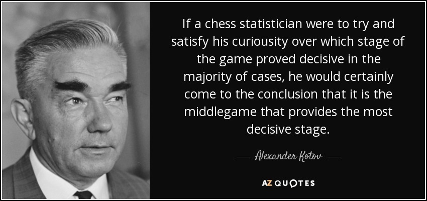 If a chess statistician were to try and satisfy his curiousity over which stage of the game proved decisive in the majority of cases, he would certainly come to the conclusion that it is the middlegame that provides the most decisive stage. - Alexander Kotov