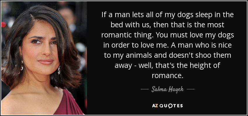 If a man lets all of my dogs sleep in the bed with us, then that is the most romantic thing. You must love my dogs in order to love me. A man who is nice to my animals and doesn't shoo them away - well, that's the height of romance. - Salma Hayek