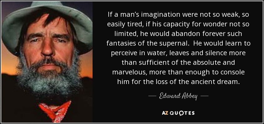 If a man’s imagination were not so weak, so easily tired, if his capacity for wonder not so limited, he would abandon forever such fantasies of the supernal. He would learn to perceive in water, leaves and silence more than sufficient of the absolute and marvelous, more than enough to console him for the loss of the ancient dream. - Edward Abbey