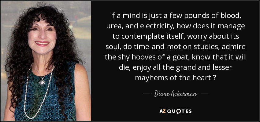 If a mind is just a few pounds of blood, urea, and electricity, how does it manage to contemplate itself, worry about its soul, do time-and-motion studies, admire the shy hooves of a goat, know that it will die, enjoy all the grand and lesser mayhems of the heart ? - Diane Ackerman
