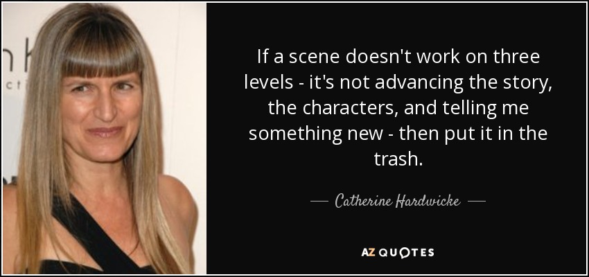 If a scene doesn't work on three levels - it's not advancing the story, the characters, and telling me something new - then put it in the trash. - Catherine Hardwicke