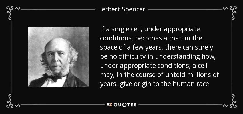 If a single cell, under appropriate conditions, becomes a man in the space of a few years, there can surely be no difficulty in understanding how, under appropriate conditions, a cell may, in the course of untold millions of years, give origin to the human race. - Herbert Spencer