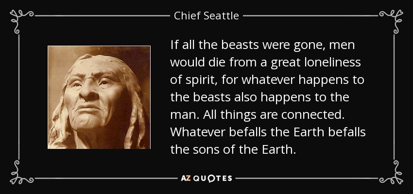 If all the beasts were gone, men would die from a great loneliness of spirit, for whatever happens to the beasts also happens to the man. All things are connected. Whatever befalls the Earth befalls the sons of the Earth. - Chief Seattle