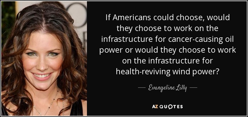 If Americans could choose, would they choose to work on the infrastructure for cancer-causing oil power or would they choose to work on the infrastructure for health-reviving wind power? - Evangeline Lilly