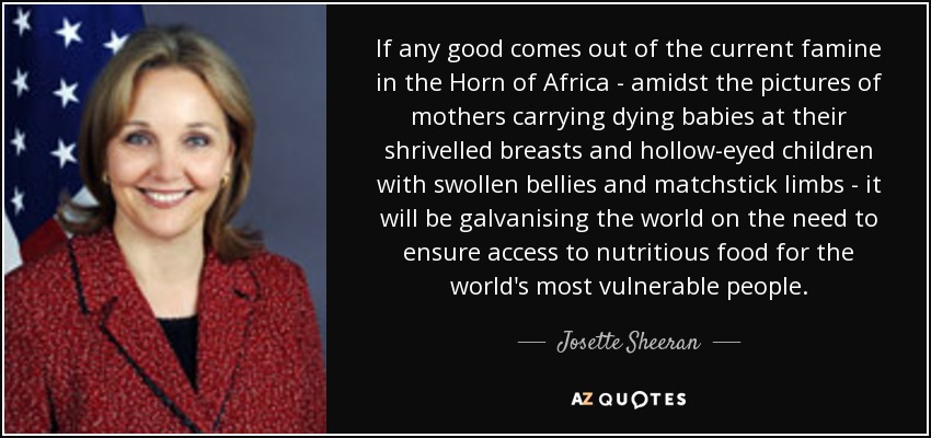 If any good comes out of the current famine in the Horn of Africa - amidst the pictures of mothers carrying dying babies at their shrivelled breasts and hollow-eyed children with swollen bellies and matchstick limbs - it will be galvanising the world on the need to ensure access to nutritious food for the world's most vulnerable people. - Josette Sheeran