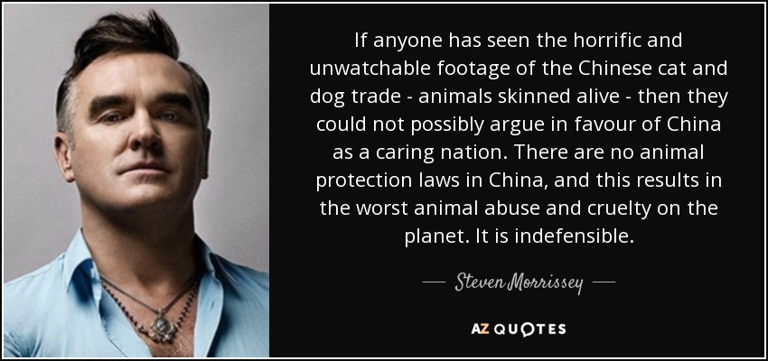 If anyone has seen the horrific and unwatchable footage of the Chinese cat and dog trade - animals skinned alive - then they could not possibly argue in favour of China as a caring nation. There are no animal protection laws in China, and this results in the worst animal abuse and cruelty on the planet. It is indefensible. - Steven Morrissey