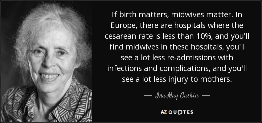 If birth matters, midwives matter. In Europe, there are hospitals where the cesarean rate is less than 10%, and you'll find midwives in these hospitals, you'll see a lot less re-admissions with infections and complications, and you'll see a lot less injury to mothers. - Ina May Gaskin