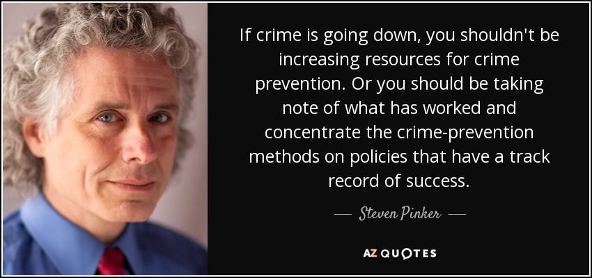 If crime is going down, you shouldn't be increasing resources for crime prevention. Or you should be taking note of what has worked and concentrate the crime-prevention methods on policies that have a track record of success. - Steven Pinker