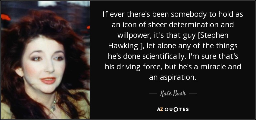If ever there's been somebody to hold as an icon of sheer determination and willpower, it's that guy [Stephen Hawking ], let alone any of the things he's done scientifically. I'm sure that's his driving force, but he's a miracle and an aspiration. - Kate Bush