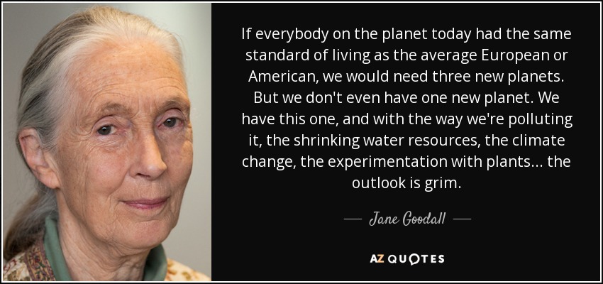 If everybody on the planet today had the same standard of living as the average European or American, we would need three new planets. But we don't even have one new planet. We have this one, and with the way we're polluting it, the shrinking water resources, the climate change, the experimentation with plants... the outlook is grim. - Jane Goodall