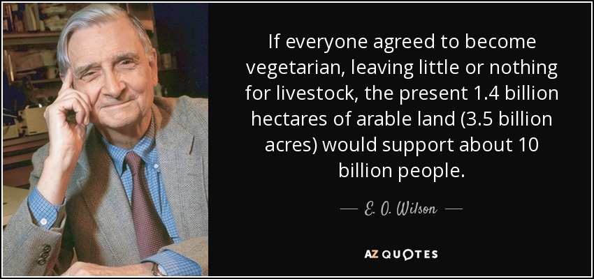 If everyone agreed to become vegetarian, leaving little or nothing for livestock, the present 1.4 billion hectares of arable land (3.5 billion acres) would support about 10 billion people. - E. O. Wilson