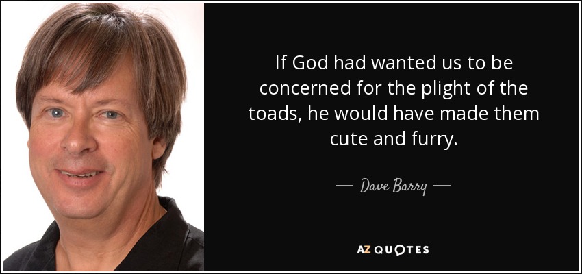 If God had wanted us to be concerned for the plight of the toads, he would have made them cute and furry. - Dave Barry
