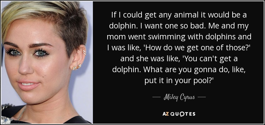 If I could get any animal it would be a dolphin. I want one so bad. Me and my mom went swimming with dolphins and I was like, 'How do we get one of those?' and she was like, 'You can't get a dolphin. What are you gonna do, like, put it in your pool?' - Miley Cyrus
