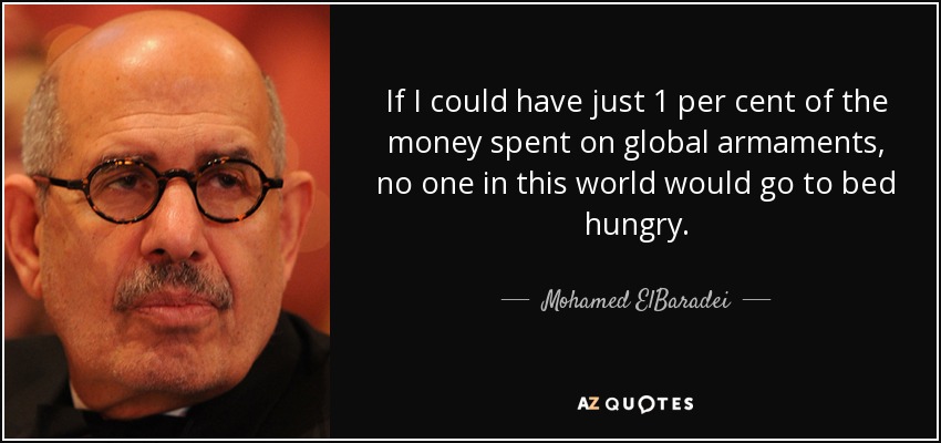 If I could have just 1 per cent of the money spent on global armaments, no one in this world would go to bed hungry. - Mohamed ElBaradei