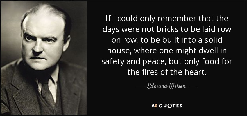 If I could only remember that the days were not bricks to be laid row on row, to be built into a solid house, where one might dwell in safety and peace, but only food for the fires of the heart. - Edmund Wilson
