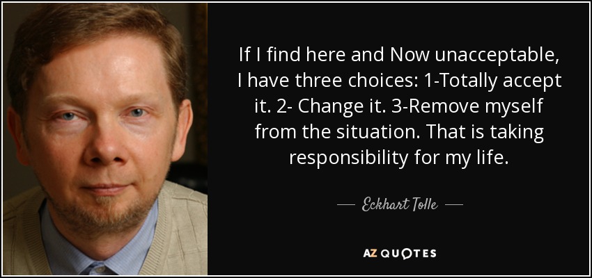 If I find here and Now unacceptable, I have three choices: 1-Totally accept it. 2- Change it. 3-Remove myself from the situation. That is taking responsibility for my life. - Eckhart Tolle