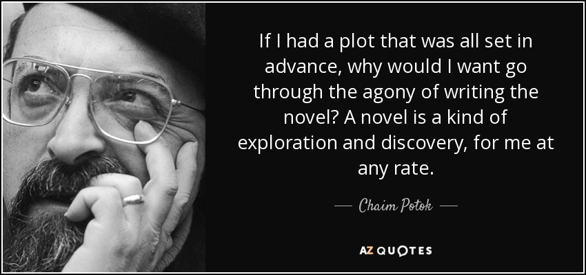 If I had a plot that was all set in advance, why would I want go through the agony of writing the novel? A novel is a kind of exploration and discovery, for me at any rate. - Chaim Potok