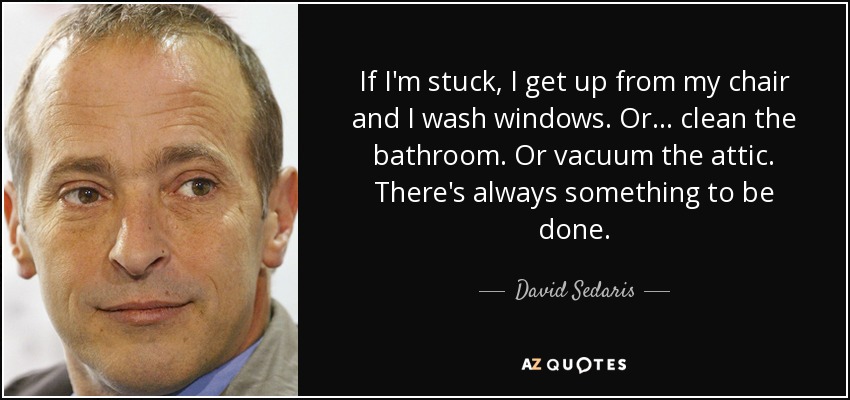 If I'm stuck, I get up from my chair and I wash windows. Or... clean the bathroom. Or vacuum the attic. There's always something to be done. - David Sedaris