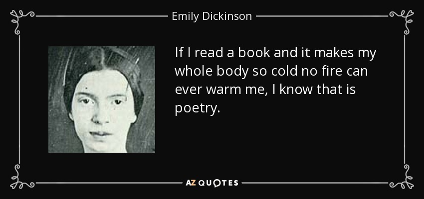 If I read a book and it makes my whole body so cold no fire can ever warm me, I know that is poetry. - Emily Dickinson