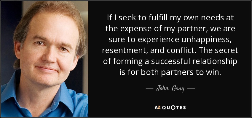 If I seek to fulfill my own needs at the expense of my partner, we are sure to experience unhappiness, resentment, and conflict. The secret of forming a successful relationship is for both partners to win. - John  Gray