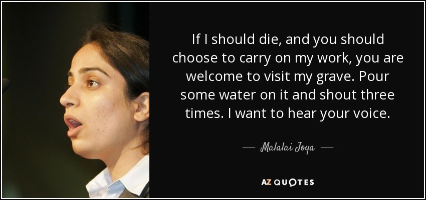 If I should die, and you should choose to carry on my work, you are welcome to visit my grave. Pour some water on it and shout three times. I want to hear your voice. - Malalai Joya